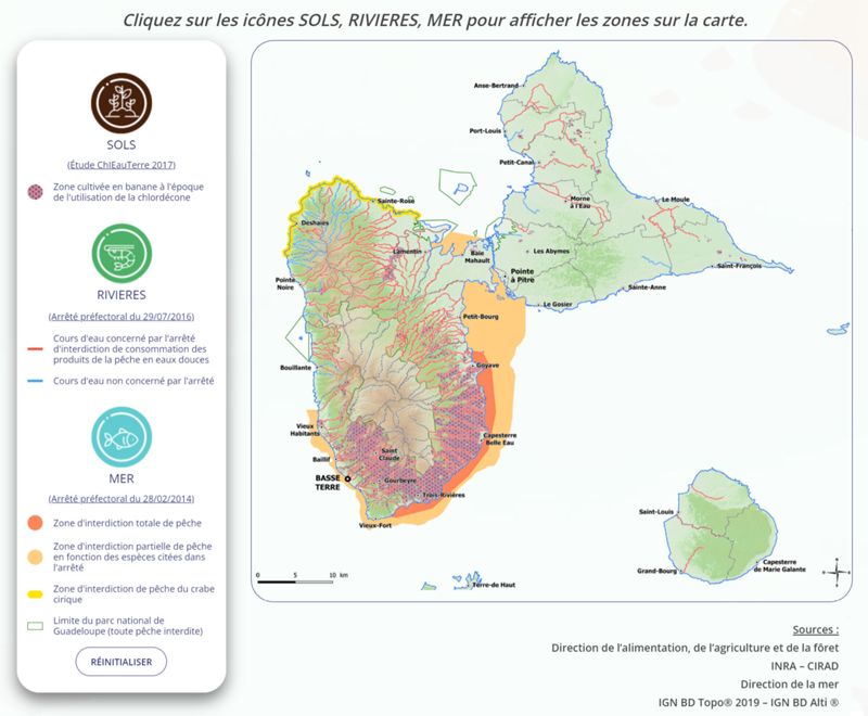 carte interactive chlordécone Guadeloupe